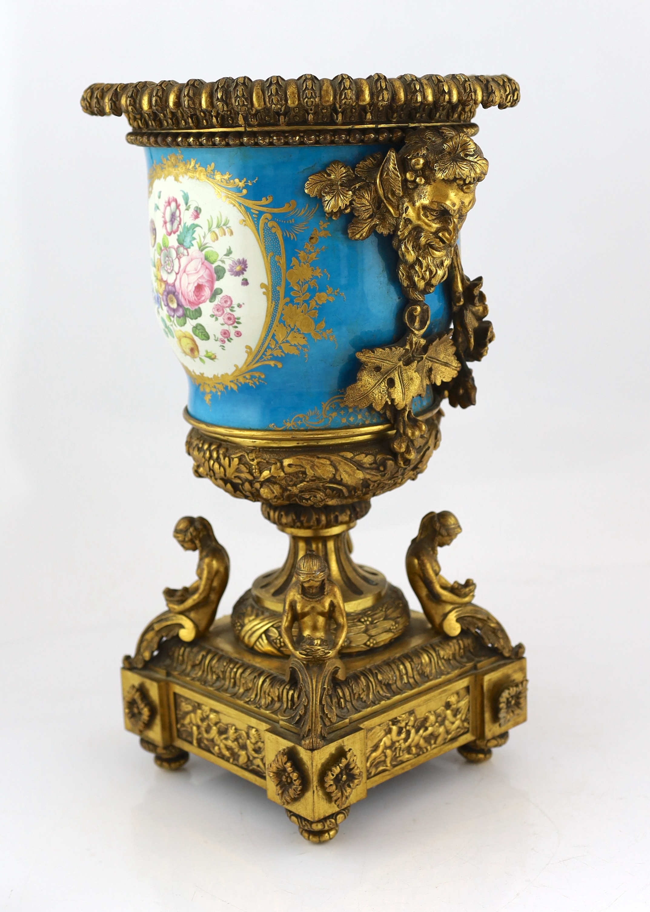 An impressive French Sevres style porcelain and ormolu mounted pedestal vase, 19th century